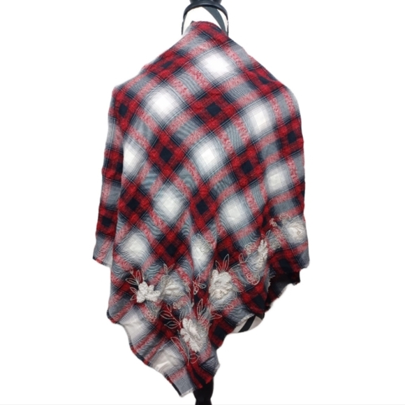 NWT J.Jill Scarlet Embroidered Plaid Boho Triangle Scarf Shawl Wrap - Picture 1 of 9